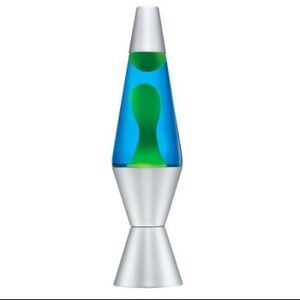 Silver Lava Lamp with Blue Liquid and Yellow Green Wax
